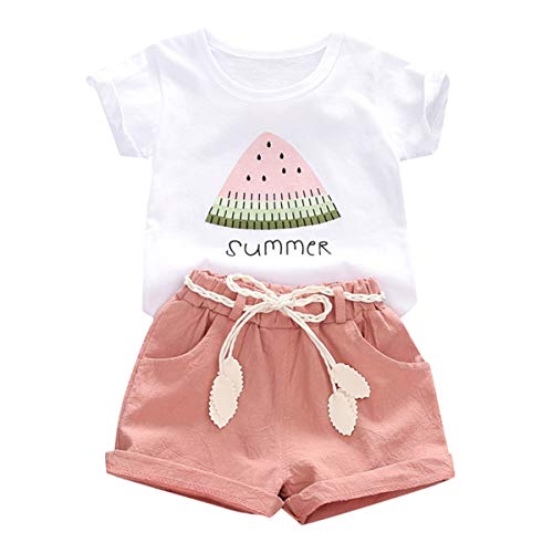 YOUNGER TREE Toddler Baby Girls Clothes Watermelon T-shirt + Linen Shorts with Belt Cute Summer Short Set (Pink, 6-12 M)