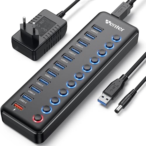 Powered USB Hub, Wenter 11-Port USB Splitter Hub (10 Faster Data Transfer Ports+ 1 Smart Charging Port) with Individual LED On/Off Switches, USB Hub 3.0 Powered with Power Adapter for Mac, PC