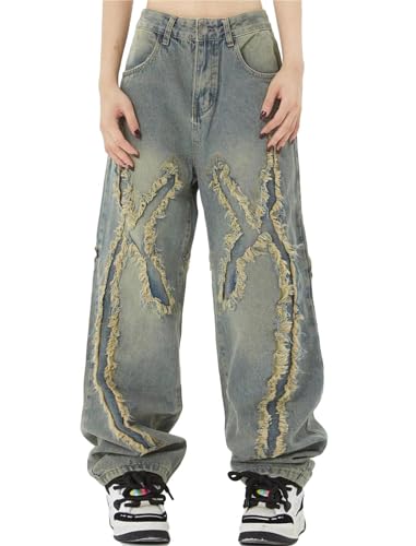 Aelfric Eden Mens Jeans Ripped Patchwork Fringe Denim Pants Wide Leg Y2K Jeans Hip Hop Streetwear Baggy Straight Trousers Blue 36