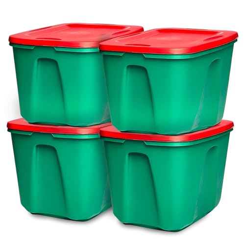 HOMZ 4-Pack Durable Molded Bin, Holiday Storage Containers w/Lids, 18 Gallon, Green/Red - Stackable Plastic Organizer Totes and Boxes for Christmas Ornament Decorations, Gift Wraps, and Crafts