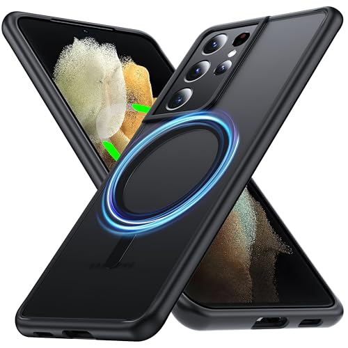 FNDMIL[NO.1 Magnetic for Samsung Galaxy S21 Ultra Case with MagSafe[Military Grade Drop Tested][Translucent Matte][Anti-Fingerprint] Soft Silicone Bumper for Samsung Galaxy S21 Ultra Phone Case,Black
