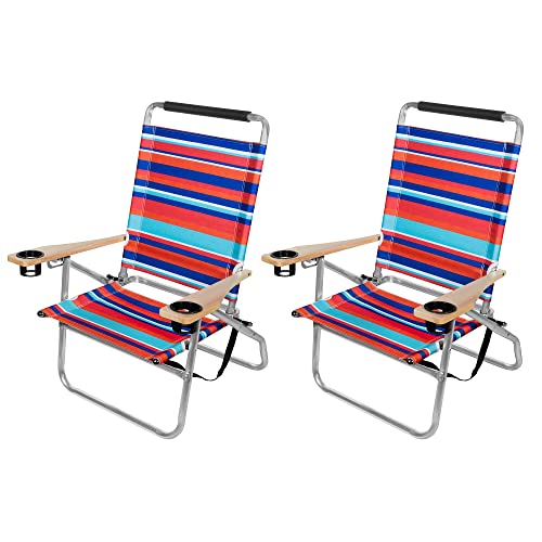 Garden Elements Foldable Beach Chairs with Reclining Backrests, Cupholders & Carrying Strap, Multicolor Stripe (2-Pack)