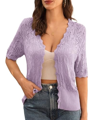 GRACE KARIN Women Dressy Cardigan Sweaters Short Sleeve Summer Boho Button Down Light Weight Knitwear M Purple