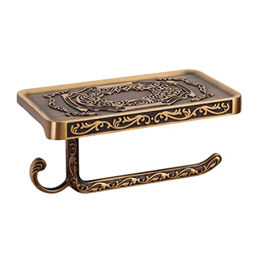 SDH Antique Brass Toilet Paper Holder with Shelf Space, Aluminum Wall Mount Toilet Tissue Holder with Cell Phone Storage and Hook -Bathroom Toilet Paper Holder Vintage Style & Rustproof