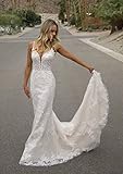 YMSHA Women's Spaghetti Strap Wedding Dresses for Guest Spaghetti Strap V Neck Elegant Bridal Dresses for Bride Ivory 10