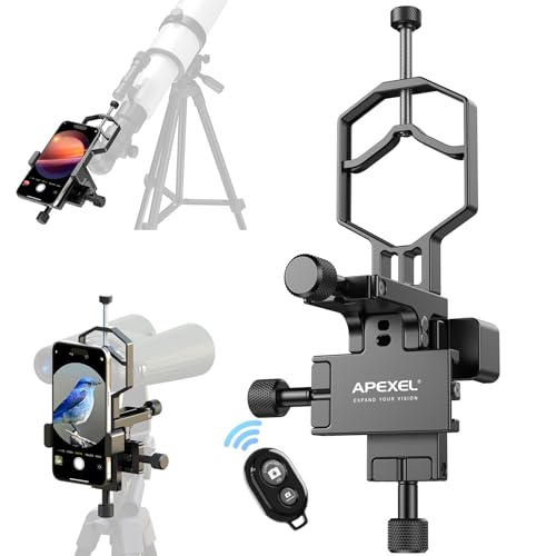 APEXEL CNC Aluminum 3-Axis Telescope Phone Adapter, XYZ-Axis High-Precision Photo Adapter Fits All Smartphone, Phone Mount for Binocular, Monocular, Microscope, Spotting Scope. (with Shutter Remote)