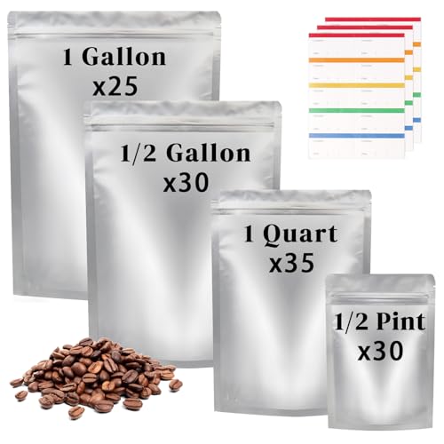 120 PCS Mylar Bags for Food Storage, 4 Sizes Long Term Food Storage Bags Stand-Up Zipper Resealable & Heat Sealable Airtight with 120 Labels