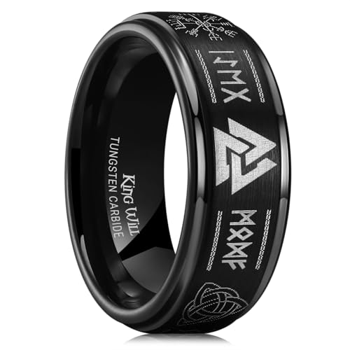 King Will Norse Runes Viking Ring For Men Black Tungsten Wedding Band 8mm Viking Brushed Step Edge Polished Promise Ring Comfort Fit Size 9.5