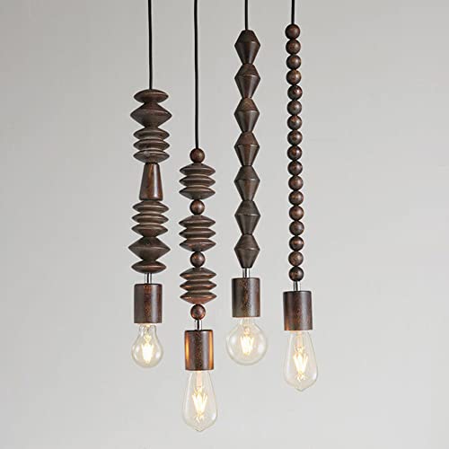 FAZRPIP Mini Wood Beaded Pendant Light Antique Rustic DIY Bead Chandelier for Bedroom, Kitchen Island, Girl Room 1 Set 4 Pcs Solid Wood Hanging Lamp Japanese Farmhouse Hanging Lighting