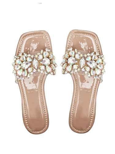 Verdusa Women's Rhinestone Clear Flat Sandals Square Toe Slides Sparkle Transparent Sandals Dusty Pink 8