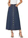 Vrtige Women's Casual Button Down High Waisted A Line Jean Midi Long Denim Skirt with Pockets Solid Blue Large