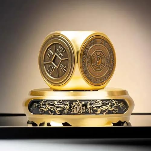 YUERVIEW Chinese Traditional Brass Feng Shui Energy Ornament with Pixiu Base,Six-Sided Auspicious Pattern for Wealth & Good Luck,Rotatable Stress Relief Spinner,Home Office Feng Shui Tabletop Decor