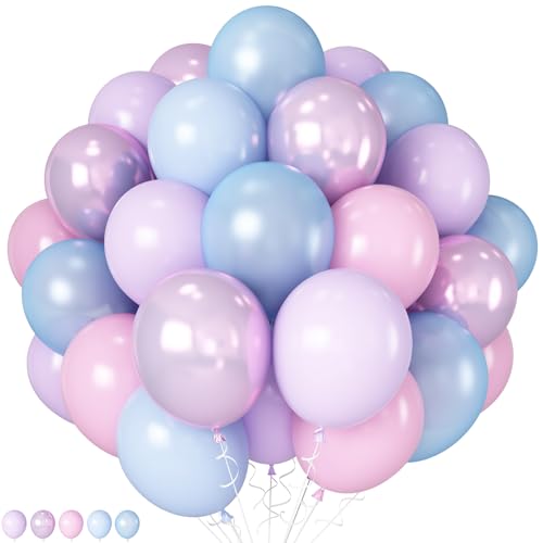 HILAVO Pink Purple Blue Balloon 60Pcs 12 Inch Metallic Pastel Balloon Iridescent Pearl Pink Blue Purple Party Balloons for Girls Mermaid Snowflake Princess Birthday Baby Shower Party Decoration