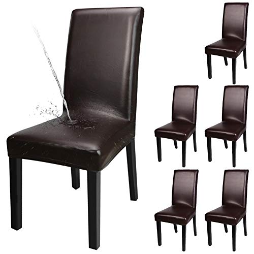 YISUN Dining Chair Covers, Solid Pu Leather Waterproof and Oilproof Stretch Dining Chair Protector Cover Slipcover (Deep Coffee, 6 Pack)