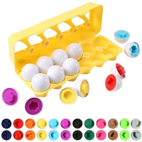 Dimple Fun Easter Egg Matching Toy Set (12 Eggs) - Toddler STEM Easter Basket Stuffers, Shape Recognition & Color Sorting Toys, Educational Easter Eggs for Kids, Play Egg Puzzle Set