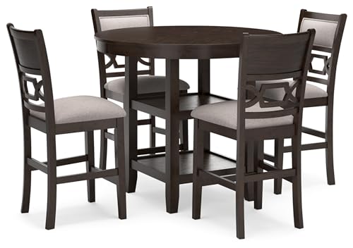 Signature Design by Ashley Langwest Transitional Diamond Patterned Counter Height Dining Table and 4 Upholstered Bar Stools, Set of 5, Dark Brown & Beige