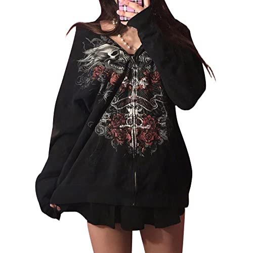 Kodaruber Women Y2K Skull Hoodie Graphic Zip Up Grunge Aesthetic Hoodies Casual Vintage Oversized Sweatshirt Harajuku Jacket(C Black,Medium)