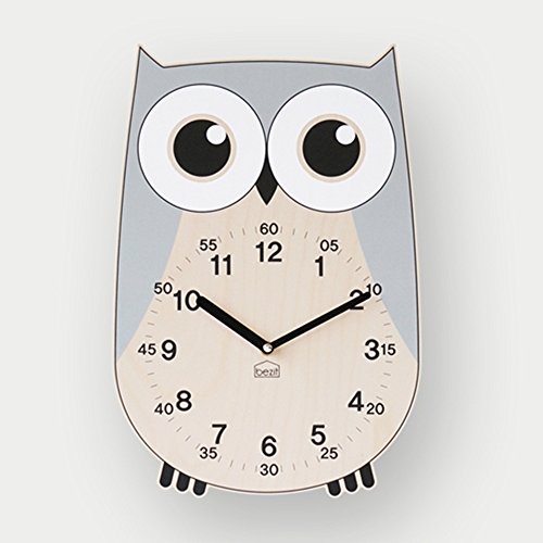 BEZIT Non-Ticking, Silent 11-Inch Wall Clock – Decorative, Modern, Clean, Cute, Kid-Friendly Design for Indoor, Office, Home, Baby Room (Grey Owl)