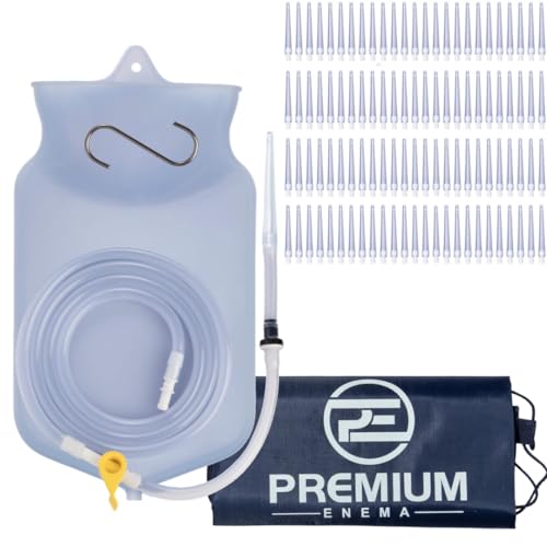 PE Premium Enema Clear Silicone Bag Kit with 100 Pack Replacement Flexible Tips with Connectors. Suitable for Coffee and Water Colon Cleansing. 2 Quart Capacity, 6.75 Foot Long Hose, 7 Tips