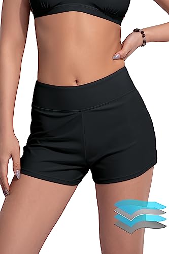 Beautikini Period Swimwear Menstrual Leakproof Swim Short Quick Dry 3" High Waisted Bathing Suit Bottoms for Girl Teen,XL BK Black
