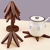 Wooden Cup Coaster Set，Tree Shape Trivet Set,Tree Coasters- 4 Wooden Trivets + 1 Stand stored for hot Dish/Pot/Bowl/teapot/hot Pot Set (Brown)