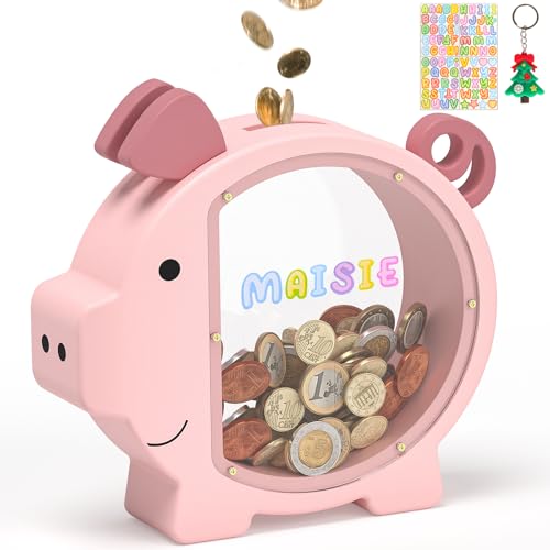 Wooden Piggy Bank for Kids Cute Money Bank for Boys and Girls Clear Wood Money Box Personalized Saving Money Jar, Creative Present for Children Birthday Chrismas & Decor (Pink, Standard)