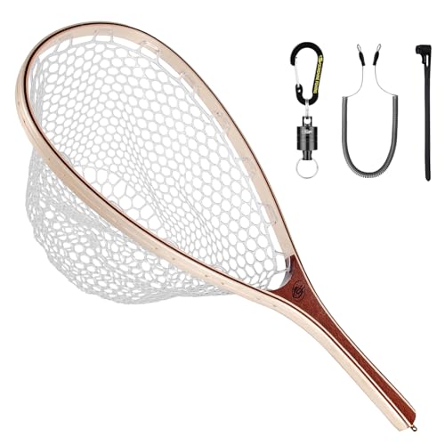 SF Fly Fishing Landing Net Soft Rubber Wooden Frame Small Hole Net Trout Fishing Net Catch and Release Release Combination Kit with Black Magnet/One Net and One Magnet