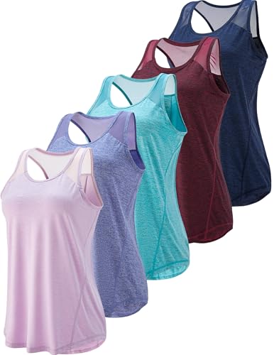 5 Pack Women's Workout Tops, Athletic Racerback Tank Tops for Women, Mesh Sleeveless Shirts Yoga for Gym Running (Set 3, Medium)