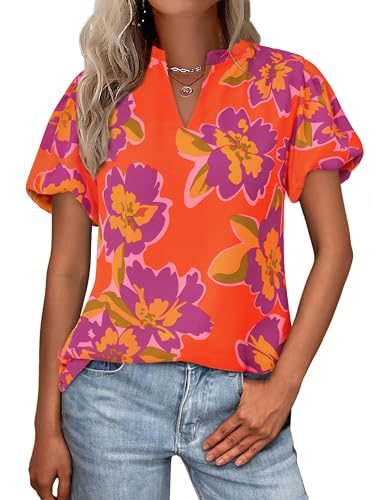 MASCOMODA Boho Short Sleeve Floral Work Blouses for Women Dressy Casual V Neck Puff Sleeve Loose Chiffon Flowy Tops Shirts(Orange Purple Flower,X-Large)