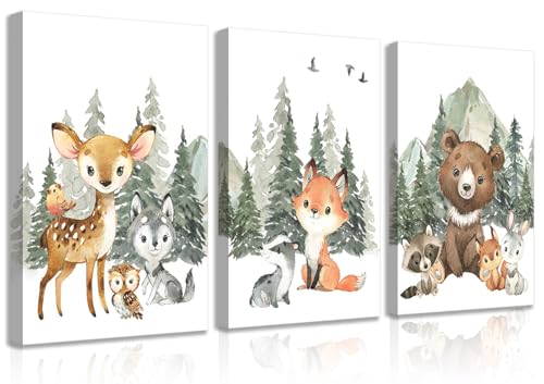 3Pcs Woodland Animal Nursery Canvas Wall Art Forest Adventure Theme Animals Picture Posters Wall Decor Cute Watercolor Deer Bear Fox Painting Print Artwork for Kids Baby Bedroom Decor 16x24in