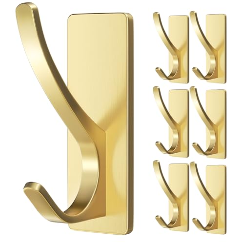 pickpiff Self Adhesive Wall Hooks for Hanging: Extra Sticky 13 LB, Stick-On Hangers for Coat/Towel, for Bathrooms,Shower Wall Door Kitchen, Gold 6 Pack