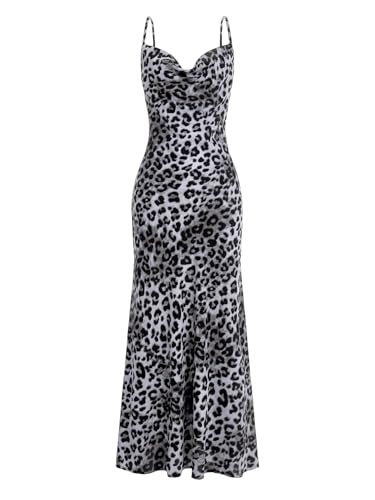 Floerns Women's Leopard Print Draped Collar Spaghetti Strap Cami Long Dress Black and White Medium