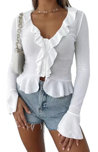 Women Fashion Deep V Neck Bell Sleeve Button Down Ruffle Hem Peplum Blouse Shirt Crop Tops L White