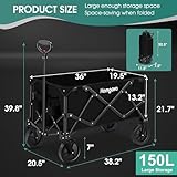 Homgava Collapsible Folding Wagon Cart 150L,Heavy Duty Garden Cart with All Terrain Wheels,Portable Large Capacity Utility Wagon Cart for Camping Fishing Sports Shopping,Black