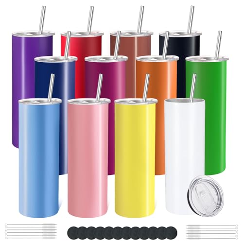 YOUKE OLA 12 Pack Stainless Steel Skinny Tumblers 20oz - Bulk Straight Double Wall Vacuum Insulated Tumbler with Lid and Straw & Silicone Base for Travel, DIY, 12 Colors