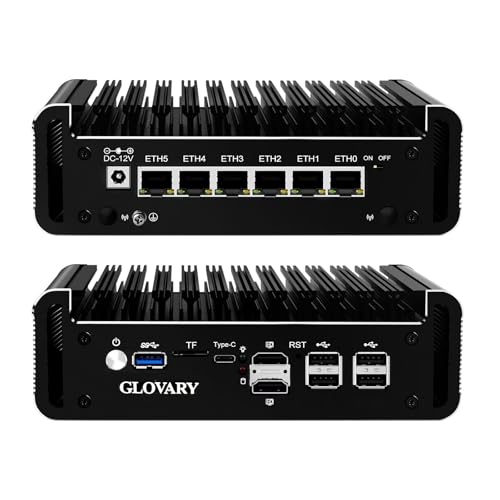 Glovary Firewall Mini PC Quad Core N100, DDR5 8GB RAM 128GB NVMe SSD, 6 x 2.5GbE i226V LAN Fanless Computer Hardware, Micro Router Appliance, AES-NI, OPNsense, TypeC Port, TF Card Slot
