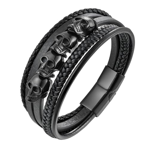 Deerllia Leather Bracelet for Men, Multi-Layer Braided Stainless Steel Skull Head Skeleton Ghost Cuff Gothic Punk Rock Anniversary Father's Day Birthday Christmas Jewelry Gifts for Him, Black
