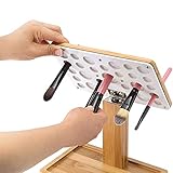 Bamboo Brush Makeup Cosmetic Air Drying Rack Tower Acrylic Folding Brushes Dryer Holder Display Organizer Stand with Silicone Brush Cleaner Mat Support Tray(26 Hole, FULLY ASSEMBLED) – MK288B