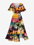 Rosegal Matchable Couple Hawaiian Coconut Tree Print Shirt or Plus Size Midi Split A Line Dress(Women/Yellow/1X)