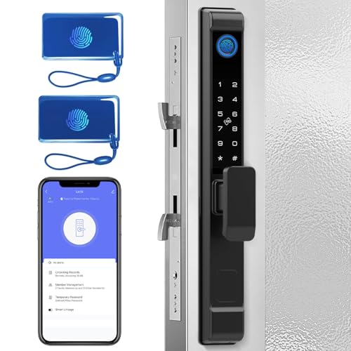 Sliding Glass Door Lock, Anweller Smart Fingerprint Code Keypad RFID Bluetooth App Electronic Digital Biometric Safety Patio Door Double Hook Mortise Lock Set with Handle