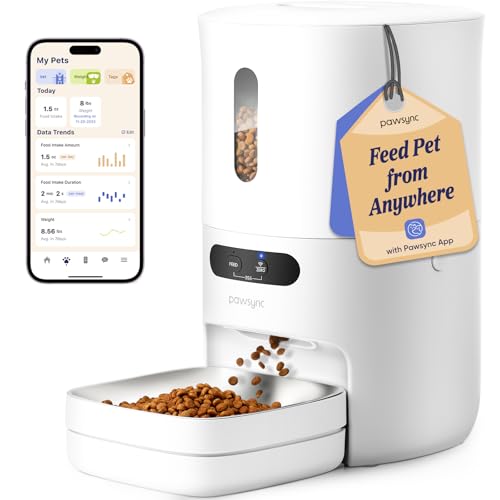 PAWSYNC Automatic Cat Feeder, Smart Scale Tracks Pet's Food Intake, App Remote Feeding, 3.6L Timed Food Dispenser for Cats and Dogs, Up to 10 Meals Per Day, Stainless Steel Bowl, Dual Power Supply