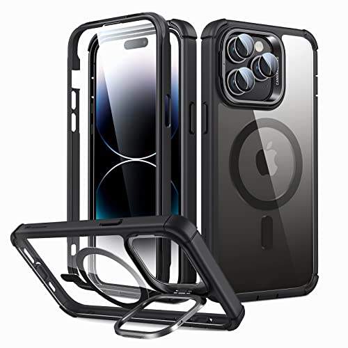 ESR for iPhone 14 Pro Max Case with Stand, Compatible with MagSafe, Full-Body Military-Grade Drop Proof Case with Built-in 9H+ Tempered Glass Screen Protector, Armor Series, Clear Black