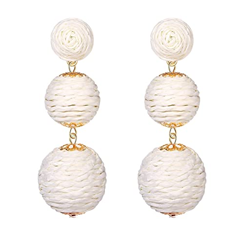 Boho Raffia Ball Long Earrings Multicolor Handmade Dangle Drop Earrings Bohemian Summer Beach Rattan Earrings-White
