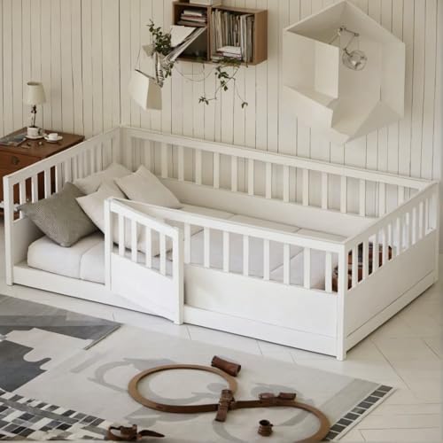 PVWIIK Full Size Floor Bed Frame with Convertible Door & Guardrails for Girls & Boys Bedroom,Montessori Bed/Near Ground Safety Design, No Box Spring Needed,White