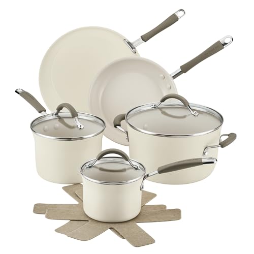 Rachael Ray Cucina Ceramic Nonstick Pots and Pans Set with Saucepans, Frying Pans, Stockpot, Lids, and Pan Protectors, 10 Piece Non Stick Cookware Set, Dishwasher Safe - Almond