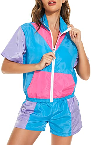 Yisfri Women's Vintage 80s 90s Style 2 Piece Outfit Short Sleeve Zip Front Windbreaker Tracksuit Themed Party Workout Set (Blue, 2XL)
