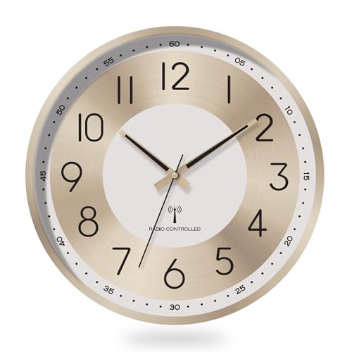 Aurowit Atomic Analog Wall Clock 14 Inch Battery Operated Wall Clocks Radio Controlled Clock Sets Automatically Gold Large Wall Clock Decor Kitchen Living Room Bedroom