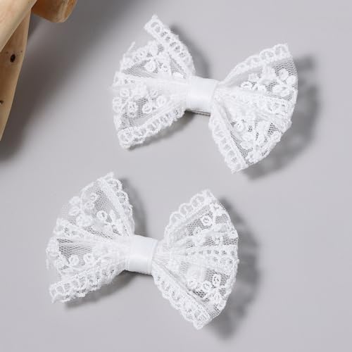 White Lace Hair Bows Small Cute Lace Ribbon Bow Alligator Clip Hairpins Barrettes 3" Baby Teens Toddler Flower Girls Wedding Pageant Communion Birthday Party Dress Decor Accessories