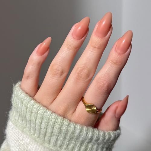 Glamnetic Press On Nails - Sheer Peach | Sheer Neutral Peach Pink Medium Almond Fake Nails, Reusable | 15 Sizes - 30 Nail Kit Wtih Glue