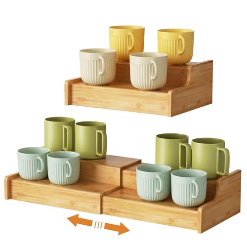 Hongtamoya 2-Tier Expandable Coffee Mug Holder, Countertop Station Bamboo Mug Cup Rack Coffee Bar Organizer, Tea Cups Stand for Cabinet, Multi-functional Mug Holder Shelf for Kitchen, Home